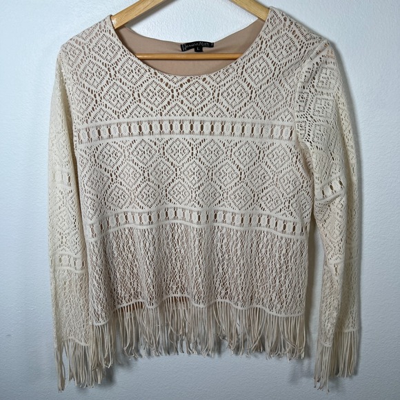 Jessica Max Lace Fringe Y2K Top Sz L Ivory Western Clean Girl Casual Stretch USA - Picture 12 of 12